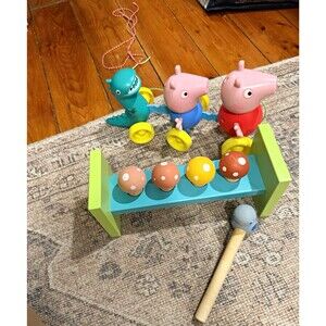 Toddler toy lot- Mentari Wooden mushroom Hammer Toy and Peppa Pig Pull Toy Tomy
